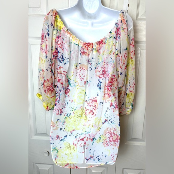 CAbi #826 Watercolor In Case Blouse Semi Sheer Shirt Floral Abstract Top Flowy - Picture 8 of 13